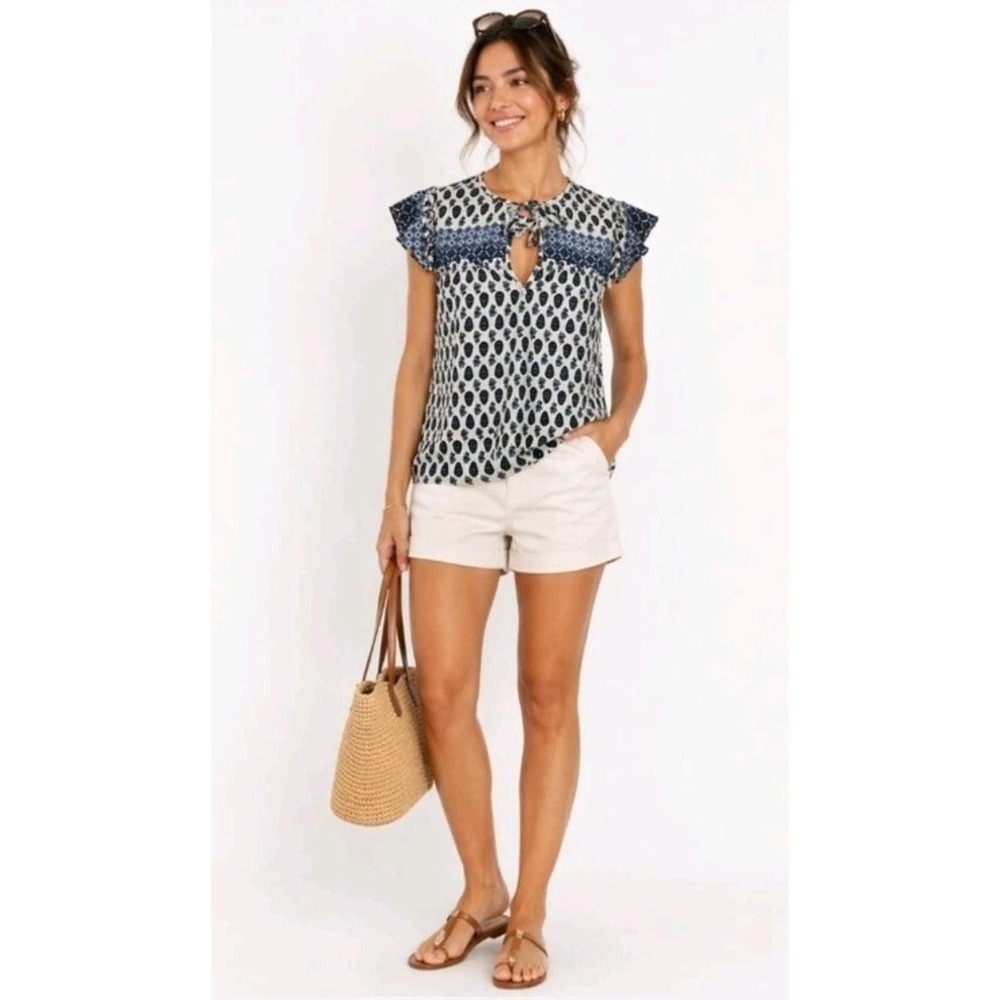 MISA Los Angeles Basia Blouse Top White Satin Paisley Tassels Womens Size M